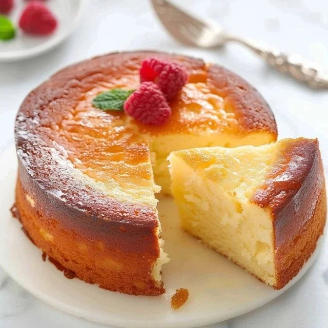 Slice of homemade Greek yogurt cake topped with fresh fruit and yogurt