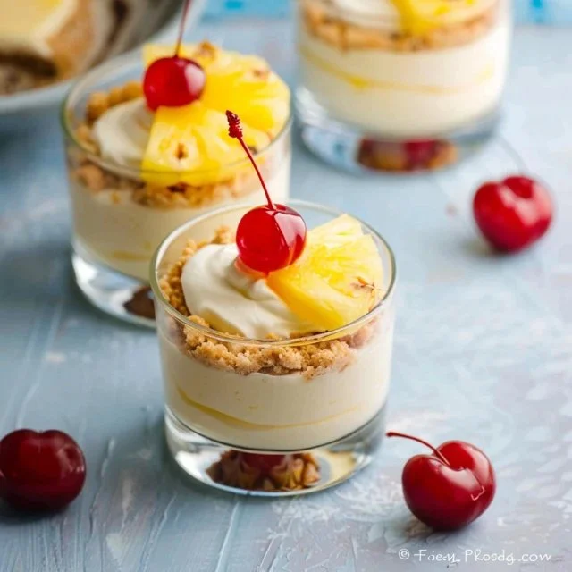 Hawaiian pineapple cheesecake cups with crushed pineapple and cream cheese topping