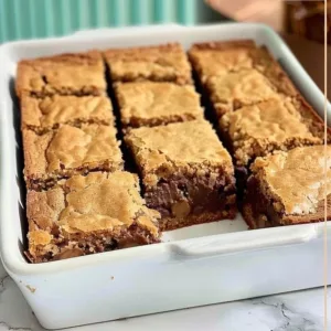 Delicious homemade blondie brownies topped with chocolate chips