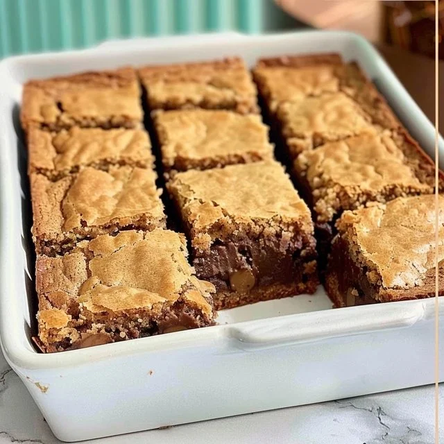 Delicious homemade blondie brownies topped with chocolate chips