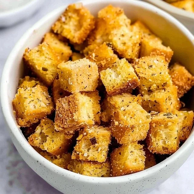 Delicious homemade croutons made from toasted bread for salads and soups.