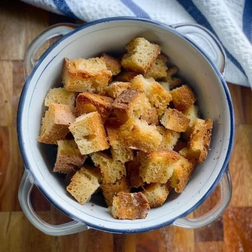 Homemade sourdough croutons in a bowl, ready for serving.