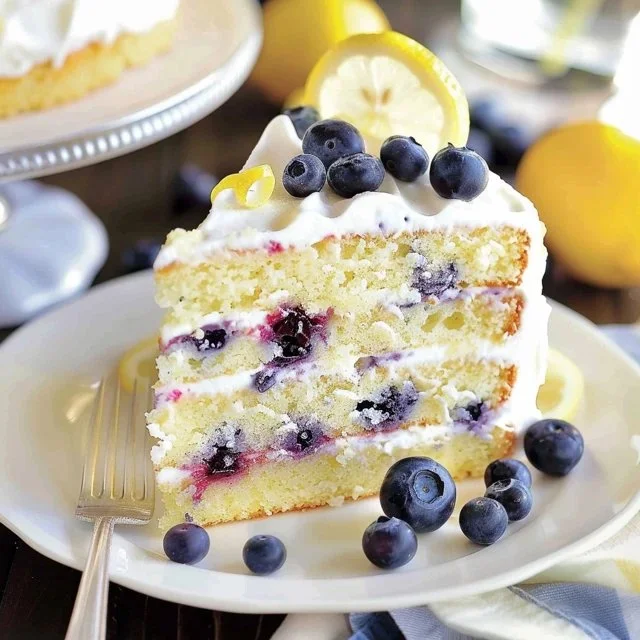 A delicious slice of Lemon Blueberry Cake topped with fresh blueberries and lemon zest