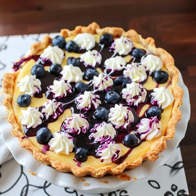 A delicious slice of Lemon Blueberry Tart topped with fresh blueberries.