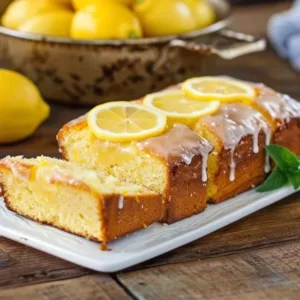 Deliciously moist Lemon Pound Cake with a golden crust and fresh lemon glaze