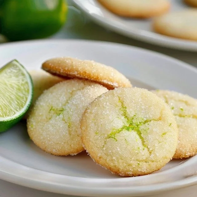 Batch of lime sugar cookies on a rustic wooden table