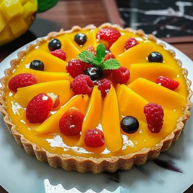 Delicious homemade Mango Curd Tart on a white plate