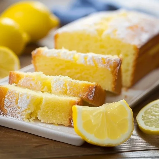 Moist lemon pound cake with a bright lemon glaze and fresh lemon slices