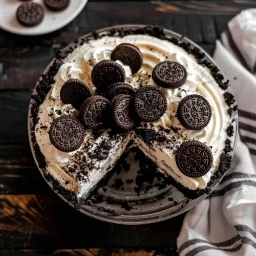 No-Bake Oreo Pie served on a plate with crushed Oreos on top