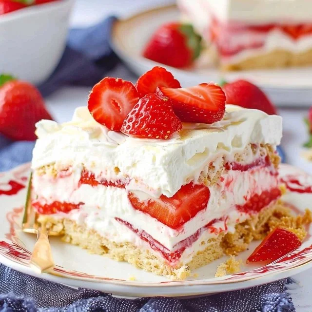Delicious No Bake Strawberry Lasagna Cake layered with fresh strawberries and cream