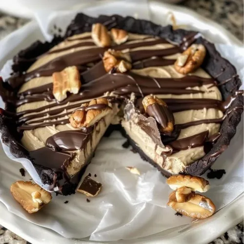 No-bake sugar-free peanut butter pie served with whipped cream and chocolate drizzle.