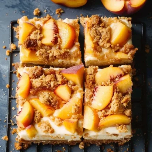 Delicious Peach Cobbler Cheesecake Bars topped with fresh peaches and a buttery crust.