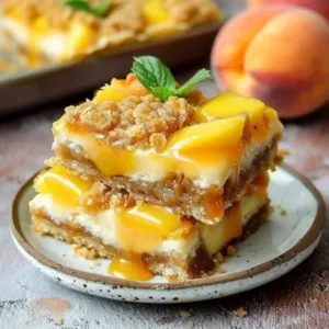 Delicious Peach Cobbler Cheesecake Bars on a wooden table with fresh peaches