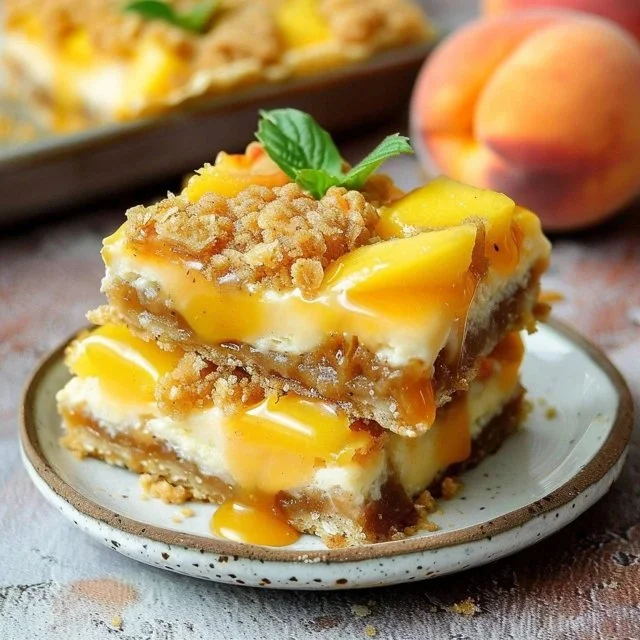 Delicious Peach Cobbler Cheesecake Bars on a wooden table with fresh peaches