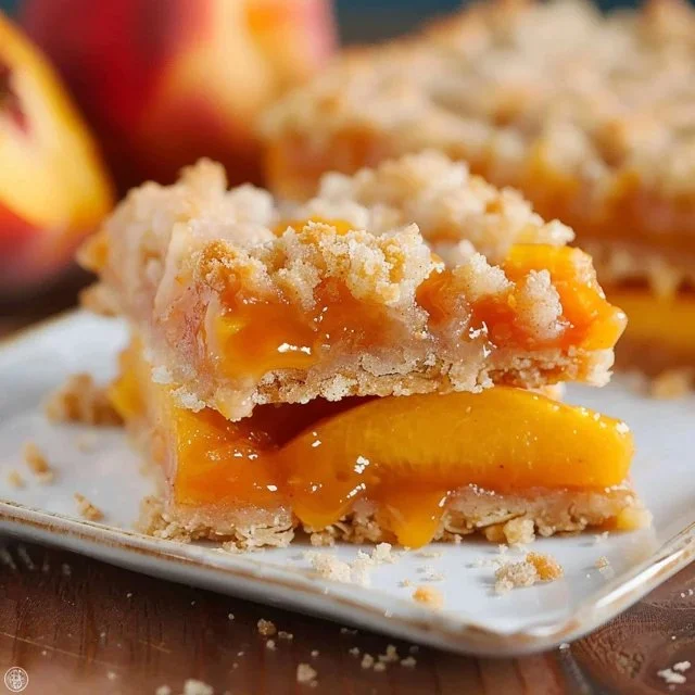 Delicious Peach Crumb Bars with a buttery crumb topping and fresh peach filling
