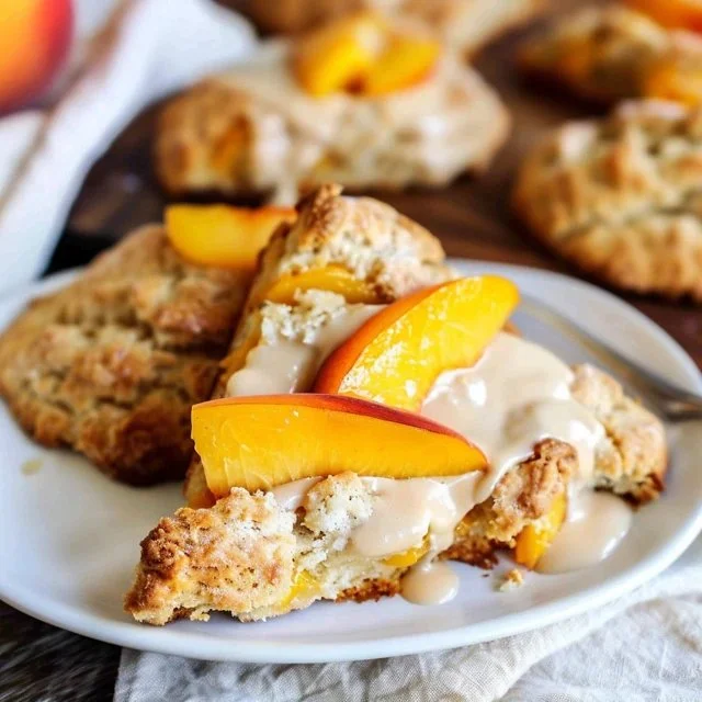 Freshly baked peach scones with chunks of ripe peaches