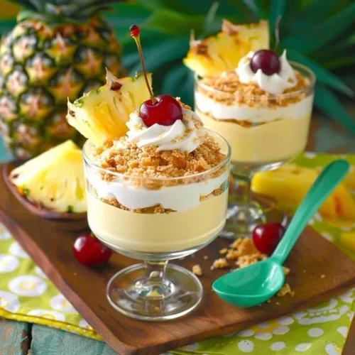 Delicious Pina Colada Cheesecake Mousse topped with coconut and pineapple