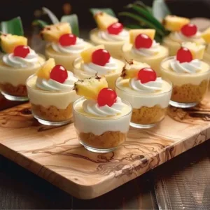Mini Pineapple Cheesecake Cups with pineapple topping and a graham cracker crust