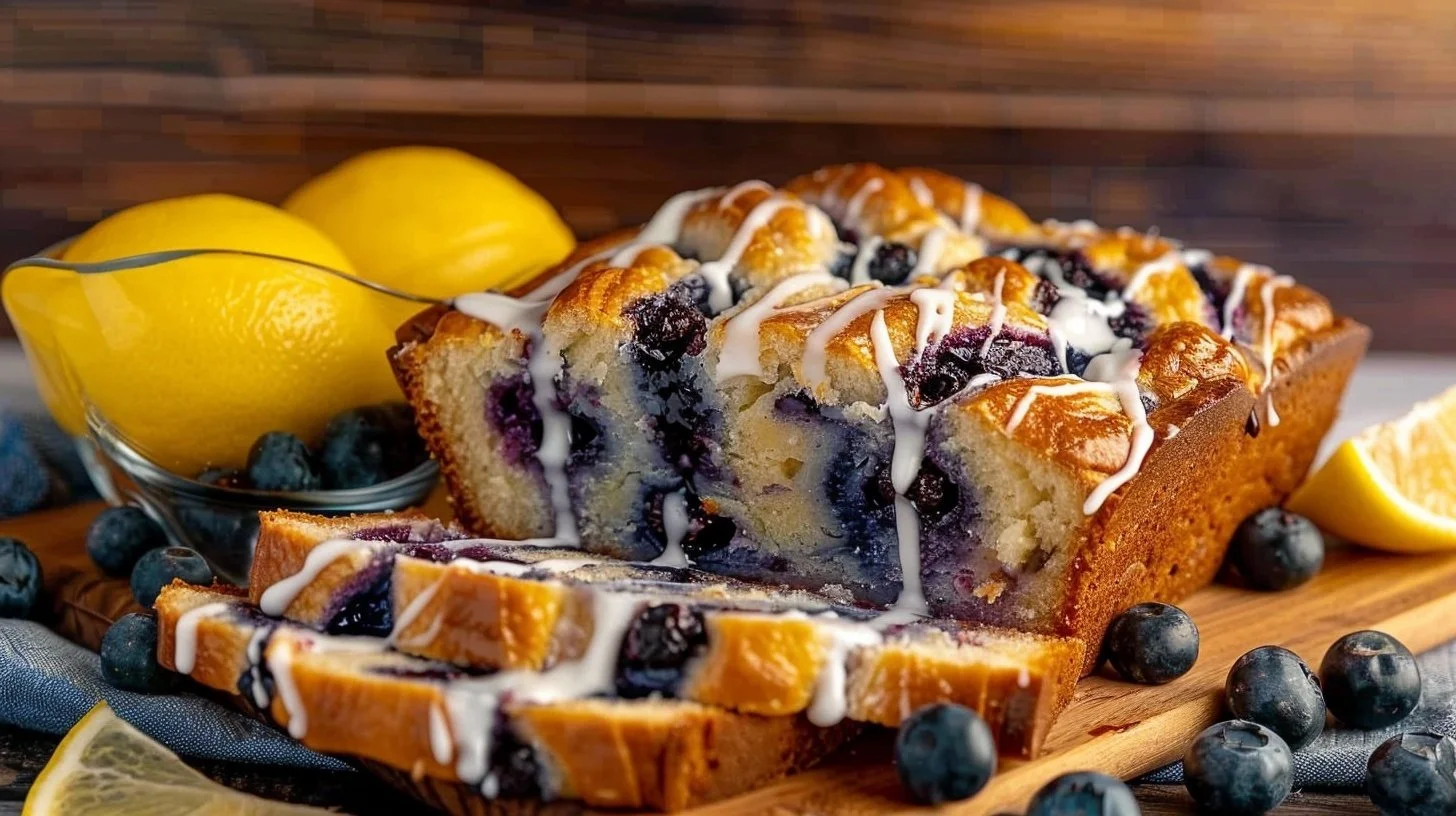 A slice of soft blueberry lemon sourdough babka topped with blueberries