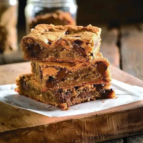 Deliciously baked sourdough blondies dessert on a wooden table