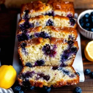 Loaf of sourdough blueberry lemon quick bread with fresh berries