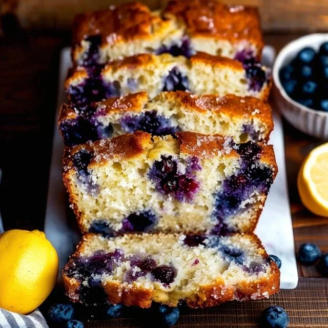 Loaf of sourdough blueberry lemon quick bread with fresh berries