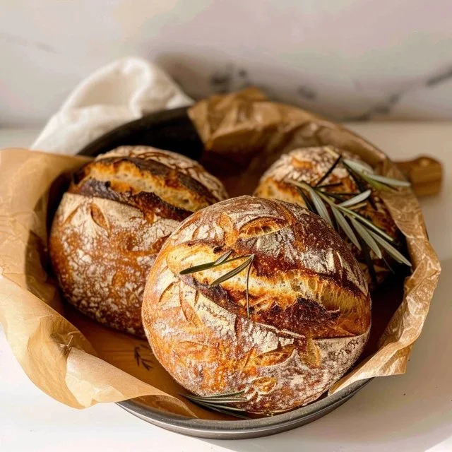 Freshly baked sourdough bread in a Dutch oven, showcasing crust and texture.