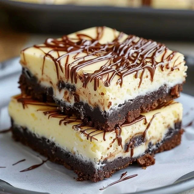 Delicious sourdough cheesecake brownies topped with a rich cream layer.