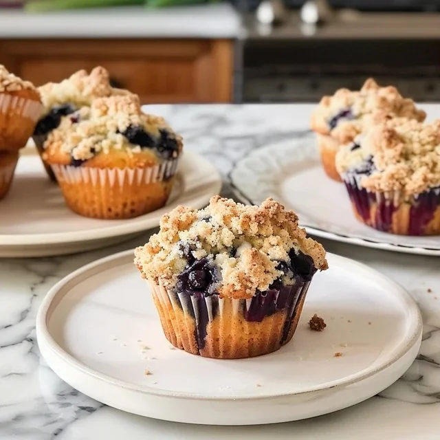 Freshly baked sourdough discard blueberry muffins on a wooden table