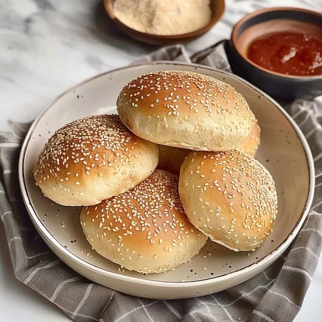 Homemade sourdough discard hamburger buns fresh out of the oven