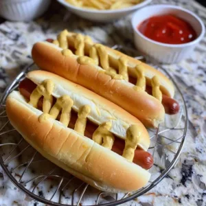 Freshly baked sourdough discard hot dog buns on a wooden board