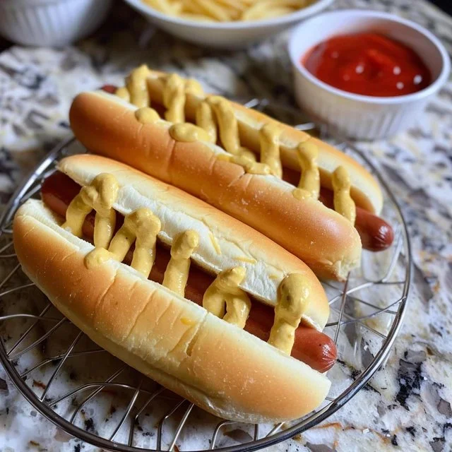 Freshly baked sourdough discard hot dog buns on a wooden board