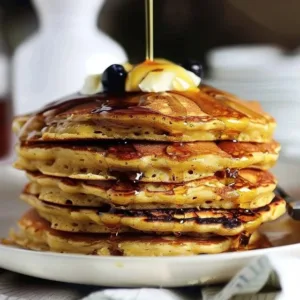 Fluffy sourdough pancakes served with syrup and berries on a plate