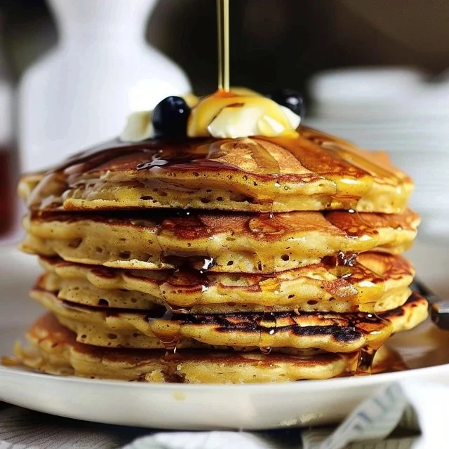 Fluffy sourdough pancakes served with syrup and berries on a plate