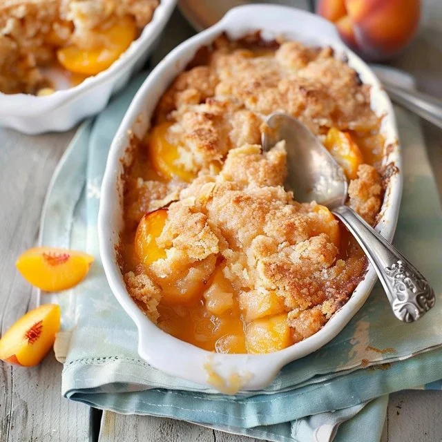Delicious Southern peach cobbler with golden crust and juicy peach filling