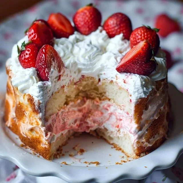 Slice of Strawberry Angel Food Cake topped with fresh strawberries