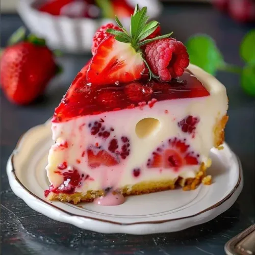 Delicious strawberry cake custard delight with fresh berries.