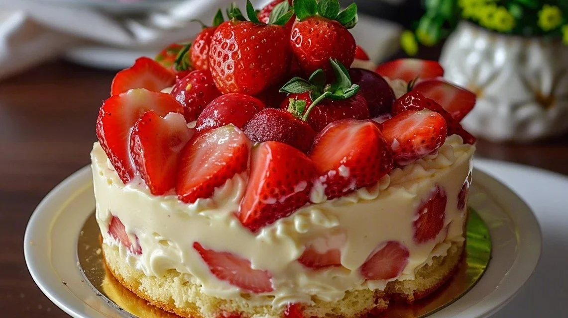 Strawberry Cake Custard Delight with Fresh Berries