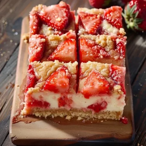 Delicious strawberry cheesecake bars topped with fresh strawberries
