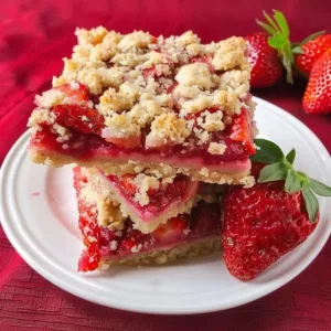 Delicious Strawberry Crumble Bars topped with crumbly crust and fresh strawberries