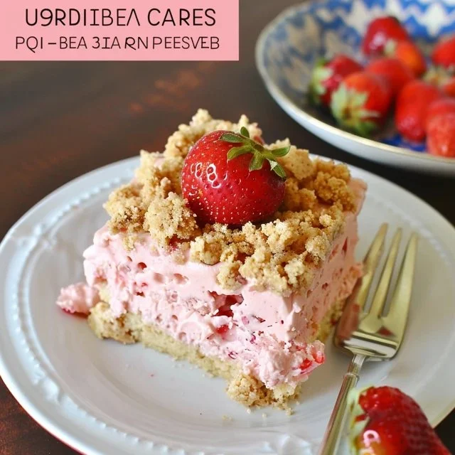 Strawberry Crunch Poke Cake with whipped cream and strawberry topping