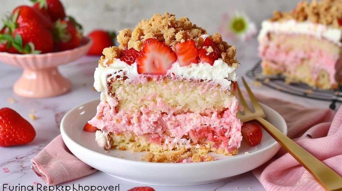 Strawberry Crunch Poke Cake