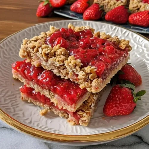 Delicious strawberry oatmeal bars topped with fresh strawberries and oats