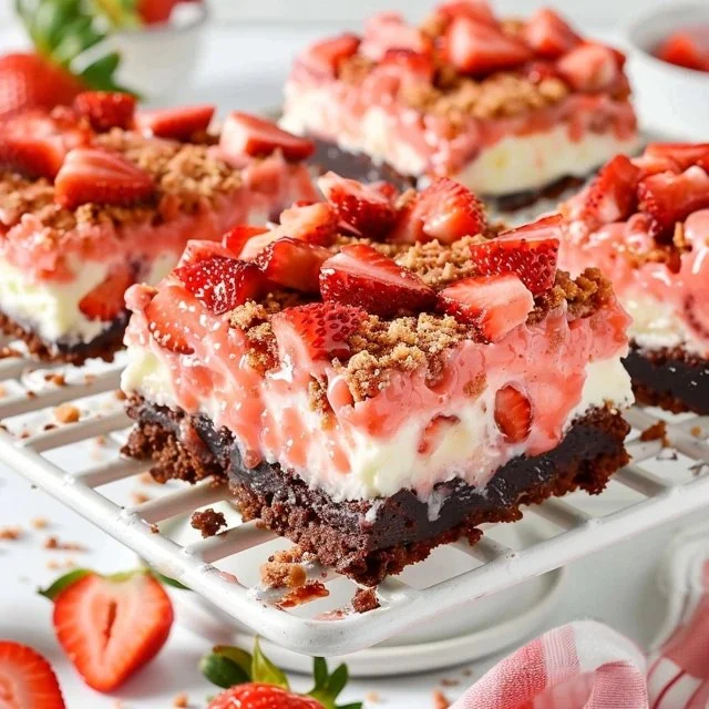Delicious Strawberry Shortcake Brownies topped with fresh strawberries and cream