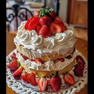Delicious Strawberry Shortcake Cake with fresh strawberries and cream