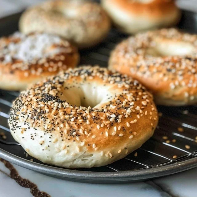 Freshly baked super simple sourdough bagels on a wooden board