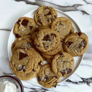 Chewy sourdough chocolate chip cookies on a plate with melting chocolate