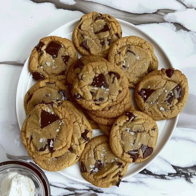 Chewy sourdough chocolate chip cookies on a plate with melting chocolate