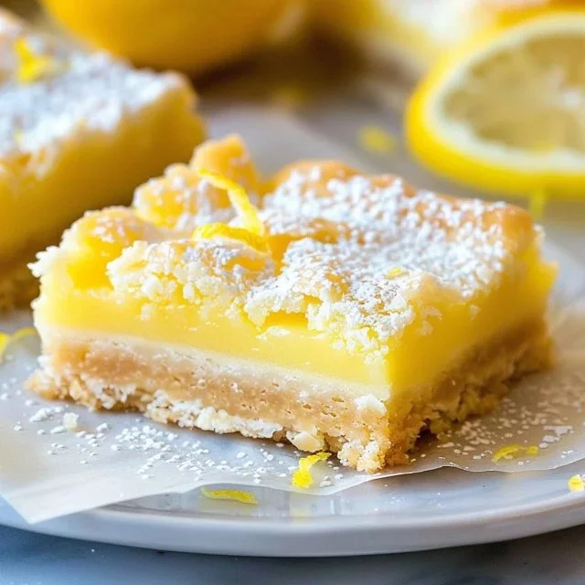 Delicious gluten-free lemon bars on a white plate with lemon slices