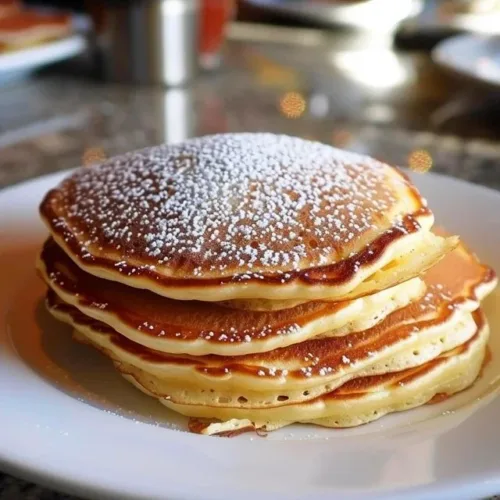 Fluffy sourdough pancakes stacked with syrup and berries